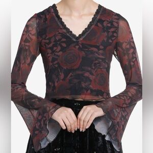 Cosmic Aura Mesh Rose Print Shirt with Flowy Bell Sleeve Whimsigoth Witchy Y2K